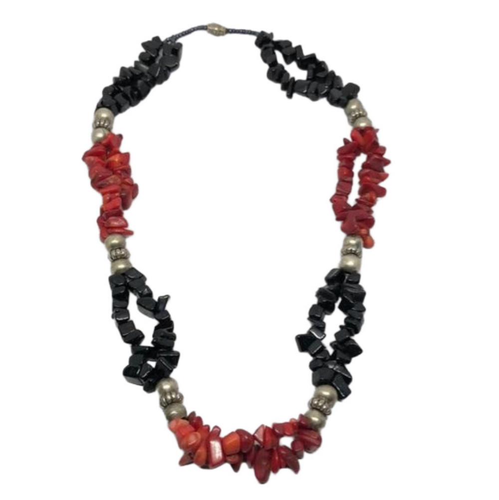 Vintage artisan red coral and black gemstone beaded boho statement necklace